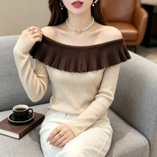 批发2026早秋新款一字肩针织衫女撞色拼接褶皱领修身显瘦<b class='q'>露肩</b>打底<b class='q'>上衣</b>