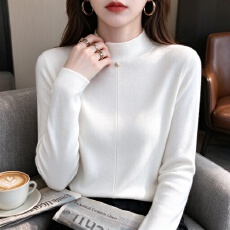 批发2026早秋新款半高领中竖纹装饰扣针织打底衫女士百搭弹力内搭毛衣