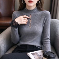 批发2026秋冬新款木耳边镂空珍珠扣针织打底衫女蕾<b class='q'>丝</b>袖口显瘦内搭毛衣