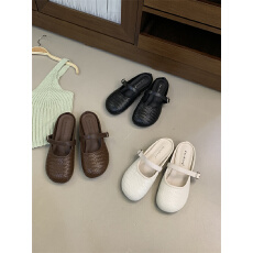 法式编织包头半拖鞋女外穿懒人鞋一脚蹬单鞋皮带款后空凉拖穆勒鞋