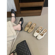 批发芭蕾风蝴蝶结包头半拖鞋女粗跟玛丽珍鞋子春夏季凉拖软皮后空单鞋