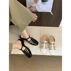 批发韩系休闲包头罗马鞋坡跟女2026<b class='q'>春</b>秋季编织镂空日常通勤百搭猪笼鞋