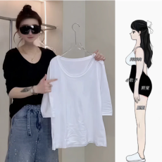 批发早春夏新款女宽松显瘦遮肉休闲半袖打底洋气减龄气质百搭圆领上衣