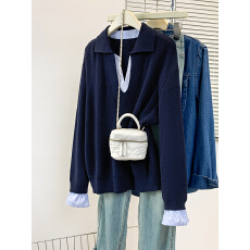 批发实拍大码女装2025<b class='q'>秋</b>冬新款针织衫时尚显瘦假二件松弛感毛衣上衣女