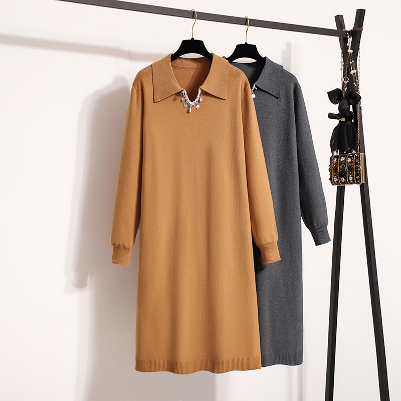 MY15081# 大码女装胖mm新款韩版针织l连衣裙设计感翻领毛衣裙女裝貨...