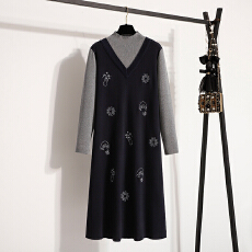 批发实拍大码女装2025<b class='q'>秋</b>冬新款针织连衣裙时尚显瘦假两件毛衣连衣裙子