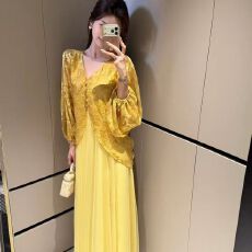 批发春装复古提花宽松<b class='q'>蝙蝠</b>袖假两件长袖连衣长裙