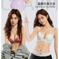 格子深V小胸聚拢无痕内衣女无钢圈平胸变大聚拢上托文胸外贸跨境