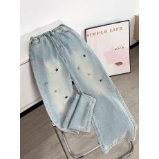 批发大码<b class='q'>女生</b>复古刺绣<b class='q'>牛仔裤</b>女2025秋季初中学生松紧腰遮肉显瘦阔腿裤