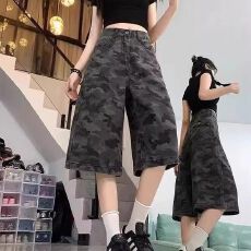 批发美式迷彩阔腿牛仔七分裤<b class='q'>女</b>夏季2025新款高腰休闲显瘦工装直筒短裤