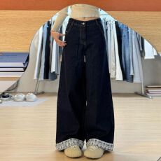 批发阔腿裤女胖mm卷边深蓝<b class='q'>大码</b>慵懒风梨形身材拼接显瘦宽松牛仔<b class='q'>长裤</b>子