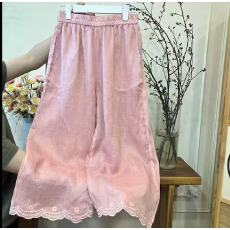 批发<b class='q'>夏</b>季2026纯色苎麻松紧腰透气休闲宽松裤脚刺绣双层阔腿裤