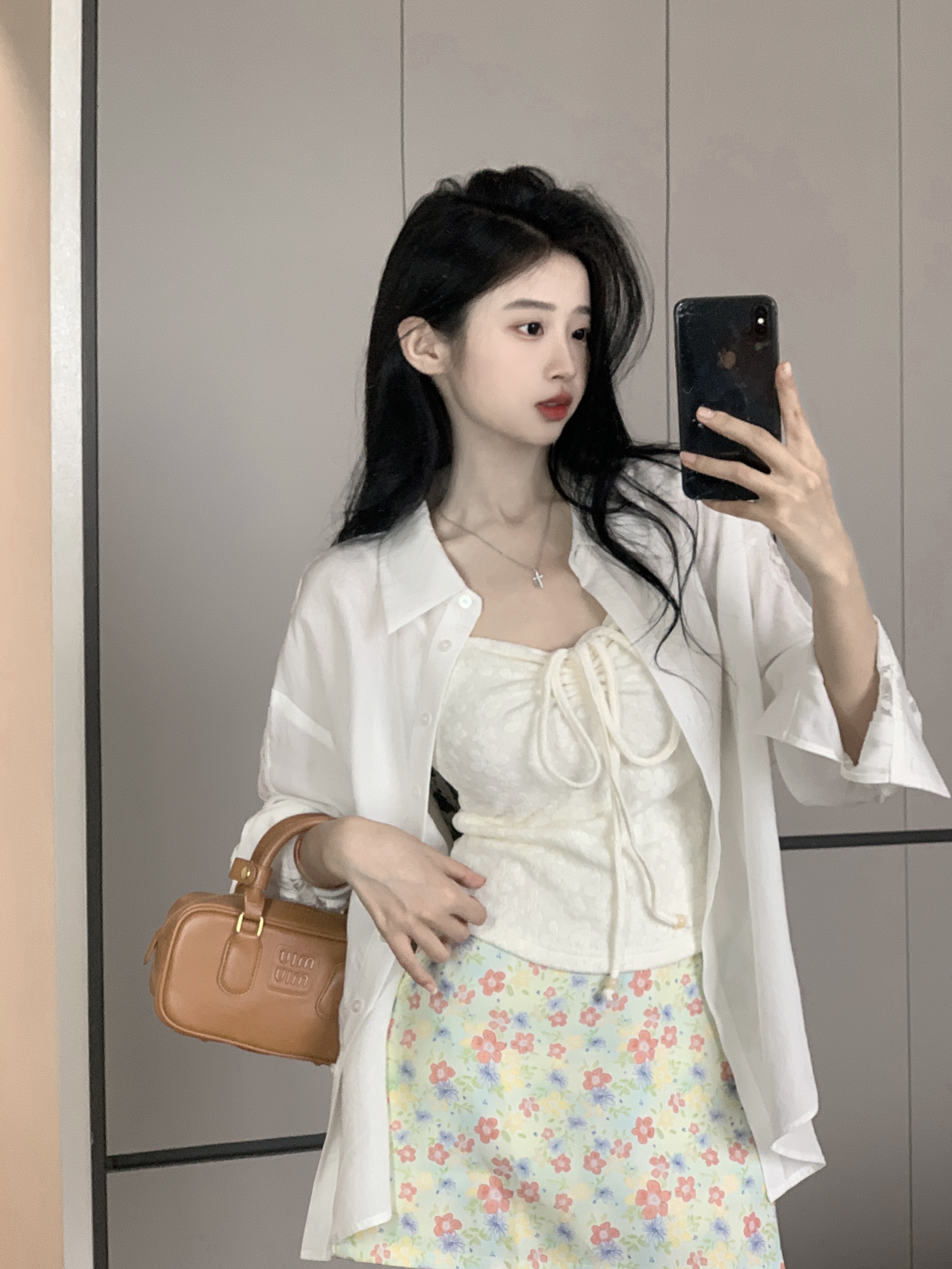 大码背心吊带半裙套装女夏韩系少女白色防晒拼接蕾丝气质衬衣  服裝批發女裝批發服飾貨源