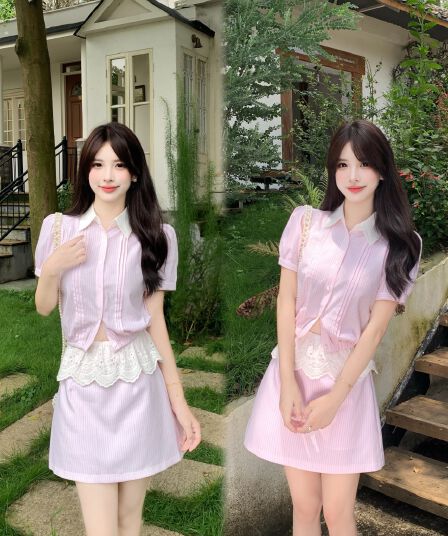 실사 빅 사이즈 패션 신문 한 부서 높음 지혜 핑크색 셔츠 반 스커트 세트 품격 스트라이프 투피스 세트 여름