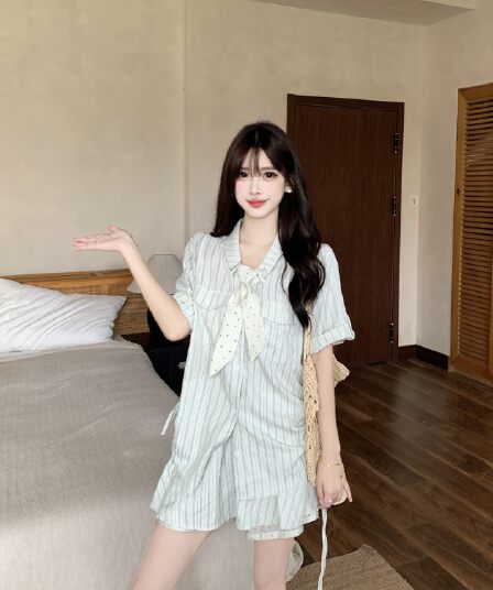 실사 녹색 리프트 젤리 여름 새로운 세로 줄무늬 맨위 도트 무늬 스카프 치마 세 조각 세트