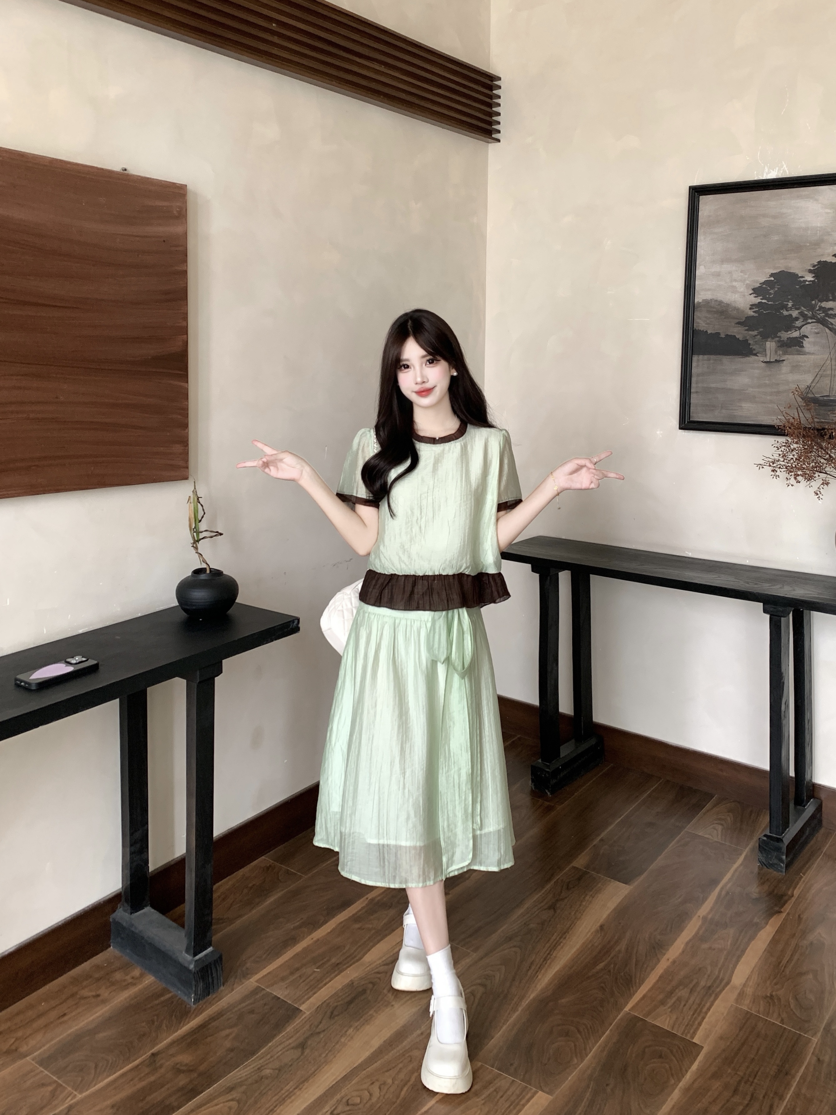 塞纳情书微胖大码清新甜美减龄假两件撞色衬衫半身裙套装  服裝批發女裝批發服飾貨源