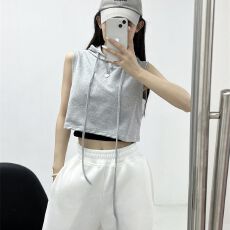 批发爵士jazz设计感小众上衣女夏款辣妹短款<b class='q'>露</b><b class='q'>脐</b>无袖连帽抽绳<b class='q'>背心</b>T恤