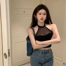 批发辣妹<b class='q'>网纱</b>拼接小众设计感吊带挂脖背心女夏性感露肩内搭打底衫<b class='q'>上衣</b>