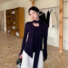 批发2025新设计感荷叶边飘带<b class='q'>长袖</b>上衣女装秋季百搭打底衫修身内搭<b class='q'>T</b><b class='q'>恤</b>