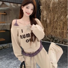 批发复古长袖斜肩印花卫衣高腰拼接<b class='q'>条纹</b>阔腿休闲<b class='q'>裤</b>女秋季套装