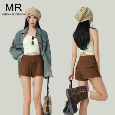 批发麂皮绒高腰<b class='q'>短裤</b>女秋冬2025新款松紧腰a字热裤