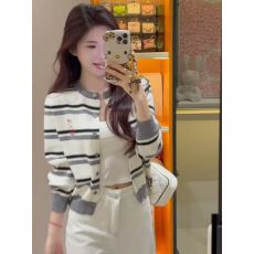 批发撞色条纹针织<b class='q'>开衫</b>毛衣女秋冬季新款韩系学院风短款外套小个子上衣