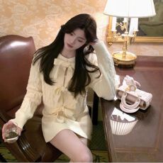 批发包芯纱洗水~蝴蝶结套装女设计感显瘦针织吊带背心+外衫两件套