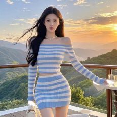 批发秋冬优雅必备蓝色名媛风长袖高腰两件套一字肩上衣搭配条纹半身裙