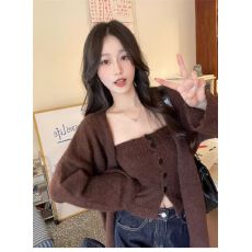 批发韩版2025秋冬新款抹胸排扣打底衫外搭毛衣外套两件套慵懒风上衣女