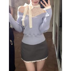 批发纯欲风假两件露肩针织衫套装女秋<b class='q'>冬</b>季花边波点半身裙绑带长袖毛衣