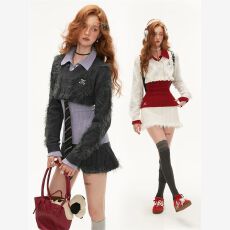 批发辣妹设计感毛边拼接翻领短款针织衫打底衫坑条半身裙裤三件套