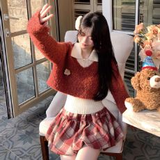 批发2025软糯秋季高质感设计新款A版蓬蓬红色格纹显瘦半身裙