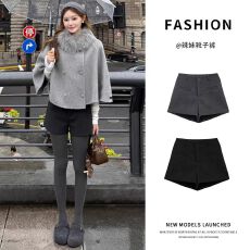 批发灰色毛呢短裤女秋冬季2025新款高腰显瘦a字热裤休闲外穿打底靴裤