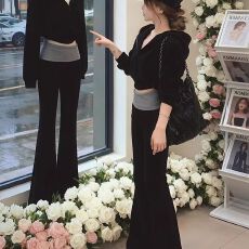 批发时尚休闲<b class='q'>套装</b>慵懒连帽长袖卫衣外套女修身撞色微喇叭裤两件套