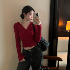 批发气质软糯慵懒风V领毛衣女2025冬季新款法式红色上衣宽松显瘦