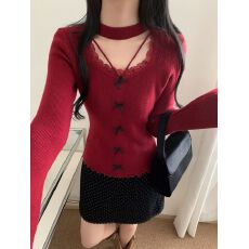 批发迪绒 纯欲蕾丝拼接假两件针织衫女秋冬修身显瘦内搭打底衫上衣