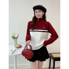 批发流行秋冬季新款 美式复古半开拉链撞色立领毛衣修身设计感外套