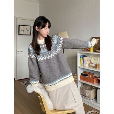 批发摩天轮提花费尔岛毛衣女秋冬高级感宽松慵懒风内搭套头针织衫上衣