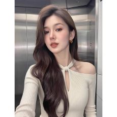 批发秋冬轻熟甜辣妹露肩挂脖针织打底衫<b class='q'>女士</b>内搭设计感修身镂空上衣