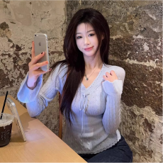 批发镂空肌理绑带纯欲少女风修身<b class='q'>长袖</b>针织上衣<b class='q'>韩版</b>女装秋冬新款