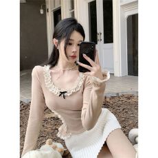 批发撞色蕾丝花边蝴蝶结长袖u领<b class='q'>T</b><b class='q'>恤</b>女秋冬季纯欲紧身收腰短款内搭上衣