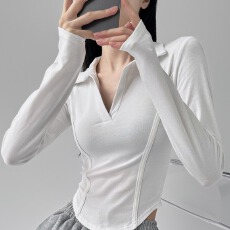 批发莫代尔 辣妹风正肩<b class='q'>长袖</b><b class='q'>T</b><b class='q'>恤</b>女Polo翻领收腰鱼骨显瘦上衣
