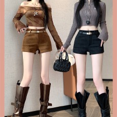 批发麂皮绒 <b class='q'>西装</b>短裤<b class='q'>女</b>秋冬高腰显瘦气质a字靴裤百搭阔腿热裤