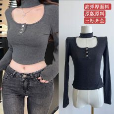 批发新款挂脖方领长袖正肩女秋冬季修身收腰短款内搭打底衫上衣