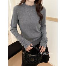 批发温柔长袖木耳边半高领针织衫2025秋冬内搭亲肤长袖上衣减龄打底衫