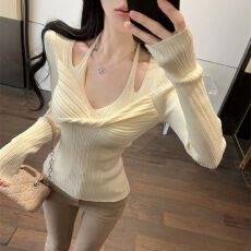 批发挂脖扭结纯欲风性感软糯针织衫法式性感套头修身显瘦长袖上衣