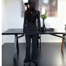 批发美式深灰色修身连帽<b class='q'>卫衣</b>套装<b class='q'>女</b>装冬季高腰微喇裤休闲裤辣妹两件套