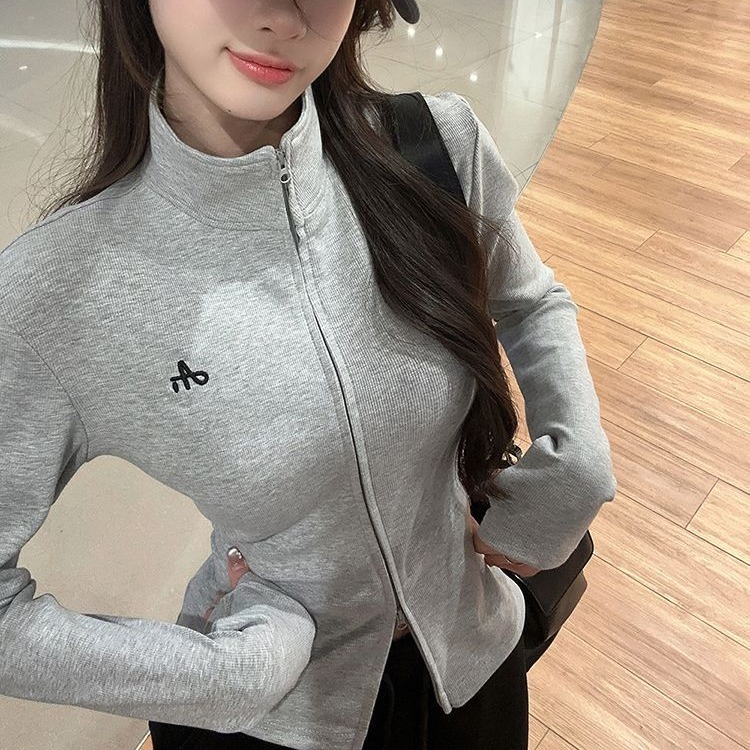 스탠드 칼라 자수 더블 지퍼 긴팔 후드티 한 부서 몸매 가꾸기 슬림해 보이는 디자인 센스 작은 대중 재킷