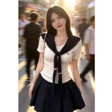 批发2026夏季新款学院风制服辣妹披肩短袖T恤上衣高腰<b class='q'>百褶</b>裙JK三件套