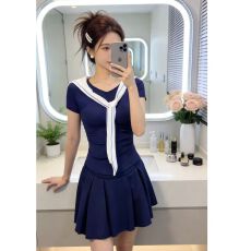 批发韩系海军领上衣套装女夏季高腰显瘦<b class='q'>百褶</b>半身<b class='q'>短裙</b>洋气减龄短袖T恤